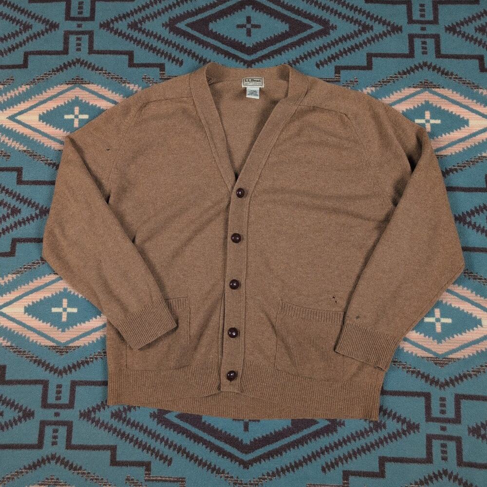 Vintage LL Bean Sweater Mens Large Brown Lambswool Button Up Cardigan Cobain VTG
